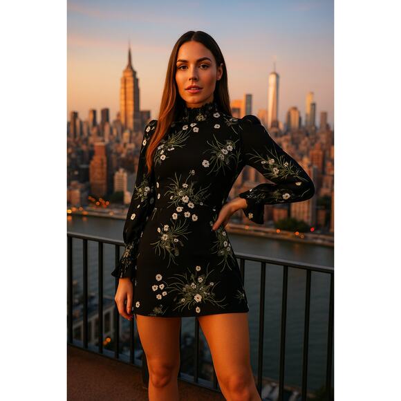 Reformation Archie Floral Print Mini Dress in Black - Picture 1 of 10